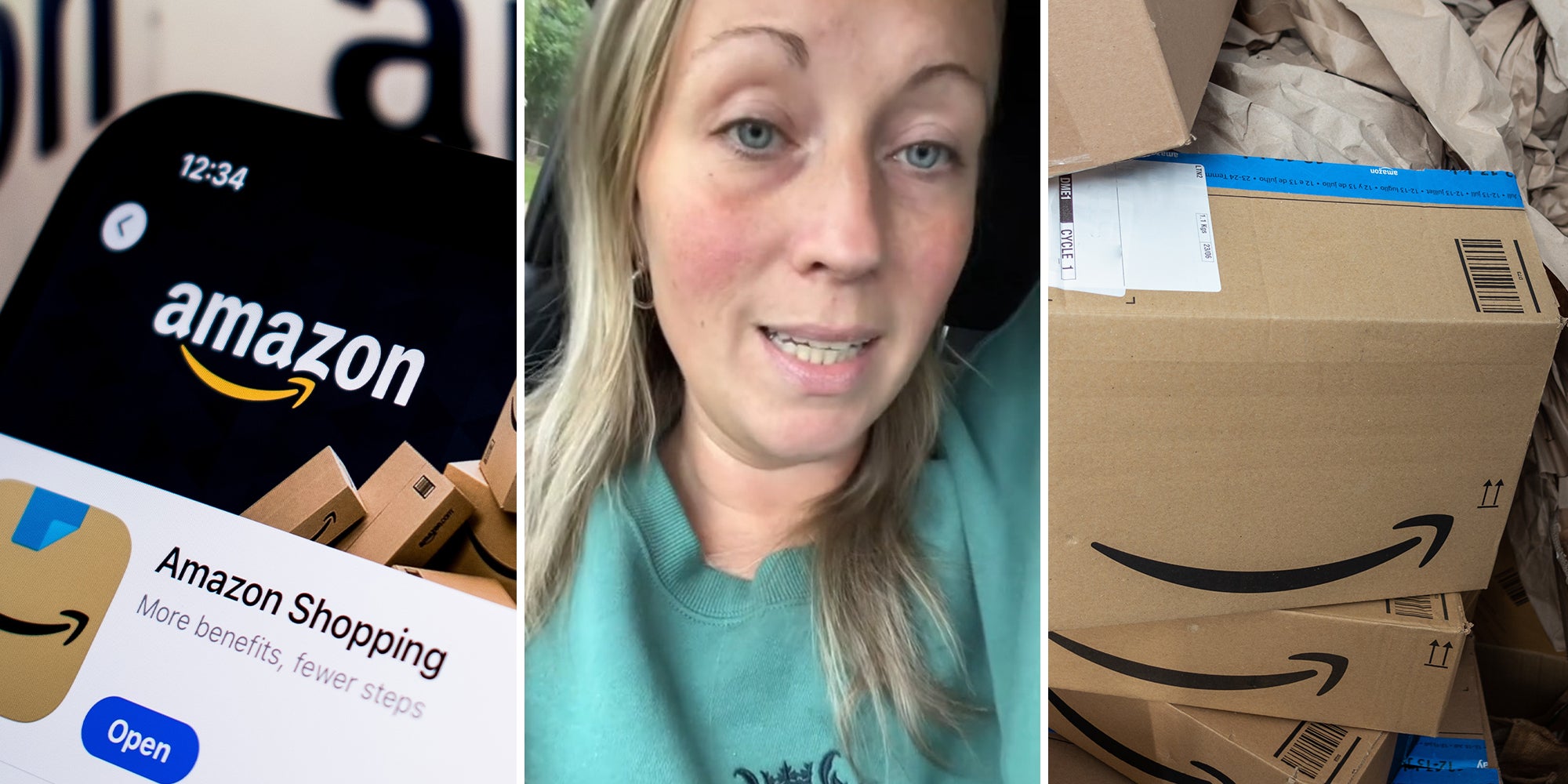 Woman slams Amazon after it announces a major shift in Prime policy, Amazon app on phone, Amazon packages