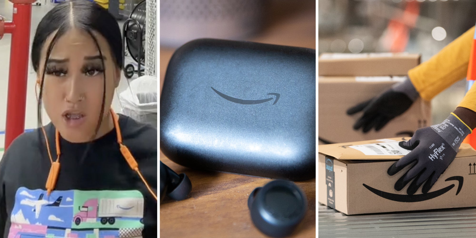 Woman talking(l), Echo bud headphones(c), Amazon worker hands with boxes(r)