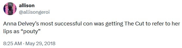 Tweet reading 'Anna Delvey’s most successful con was getting The Cut to refer to her lips as 'pouty.''