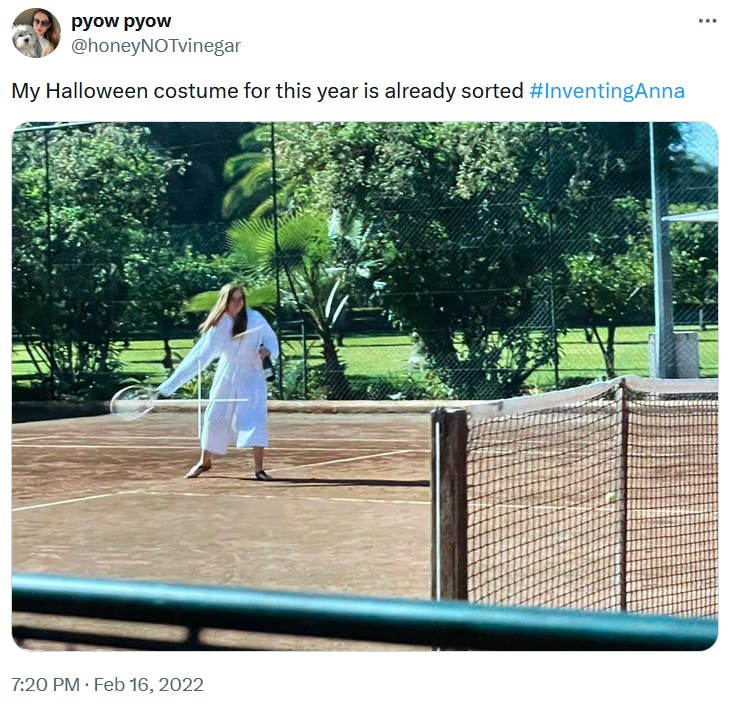 Anna Delvey meme with a shot of a woman playing tennis in a white bath robe.