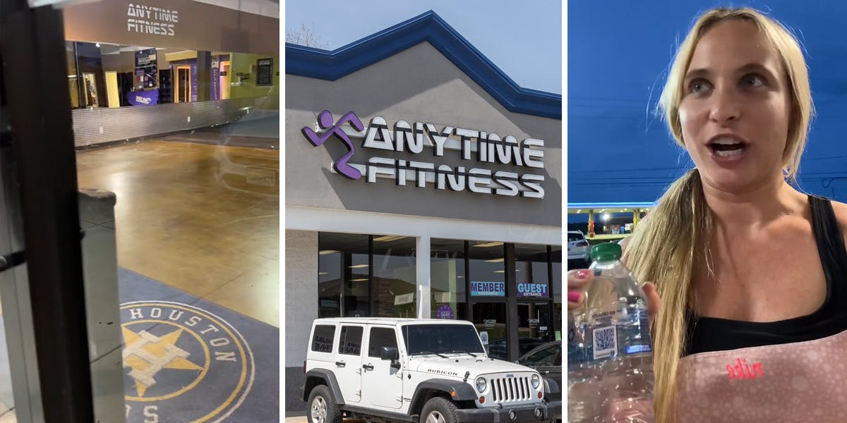 gym (l) Anytime Fitness sign (c) woman speaking (r)