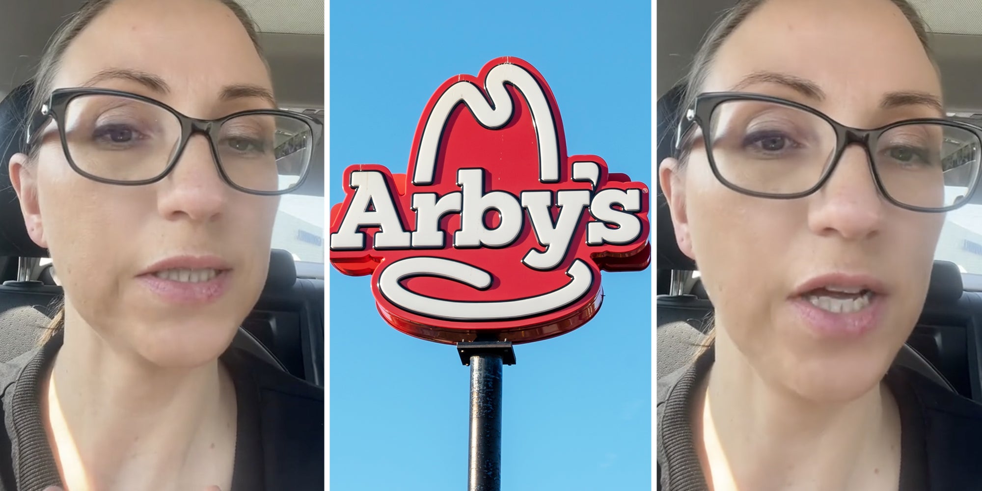 Woman talking(l+r), Arby's sign(c)