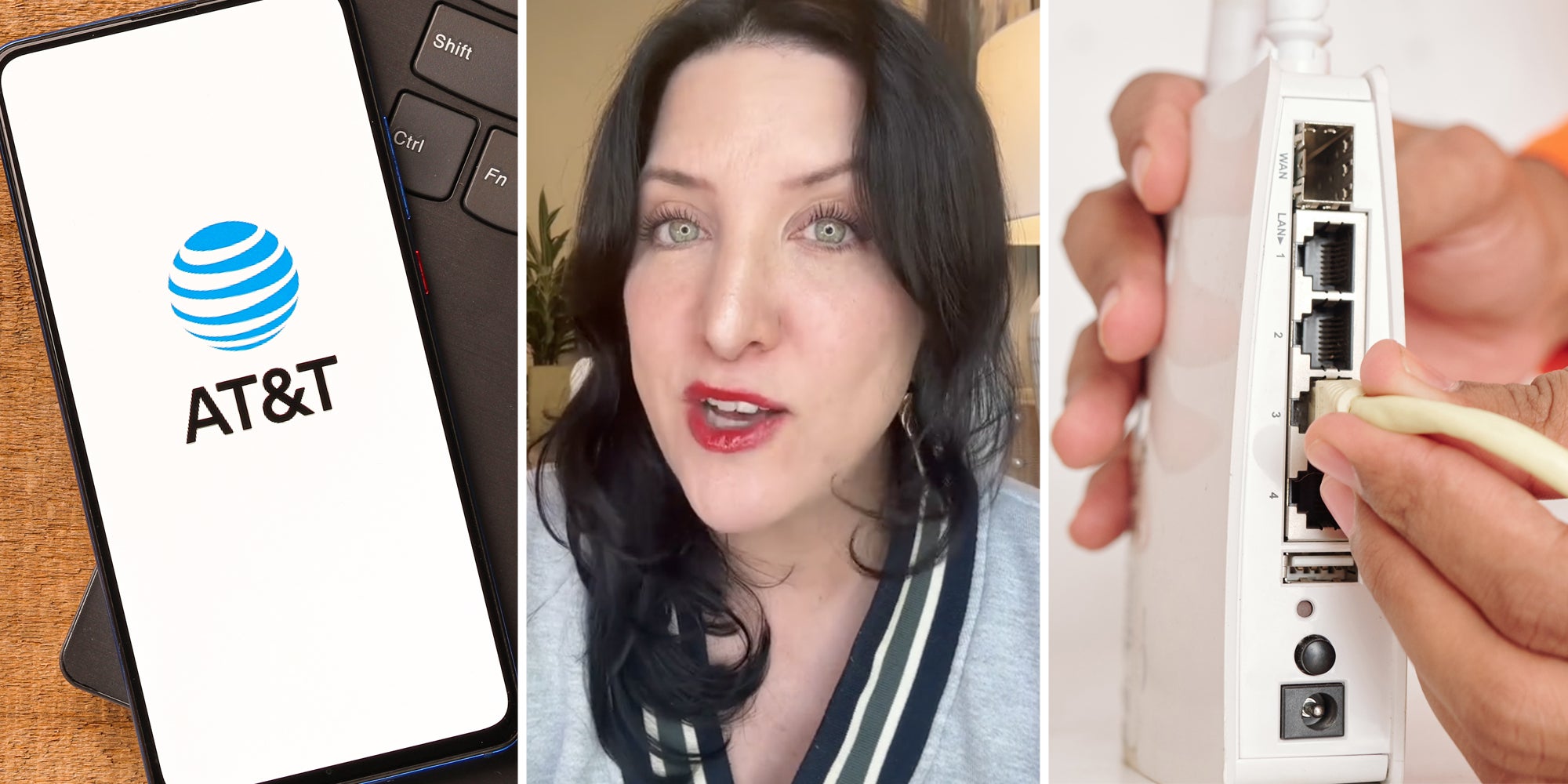 Phone with at&t app(l), Woman talking(c), Hands plugging in cable to router(r)