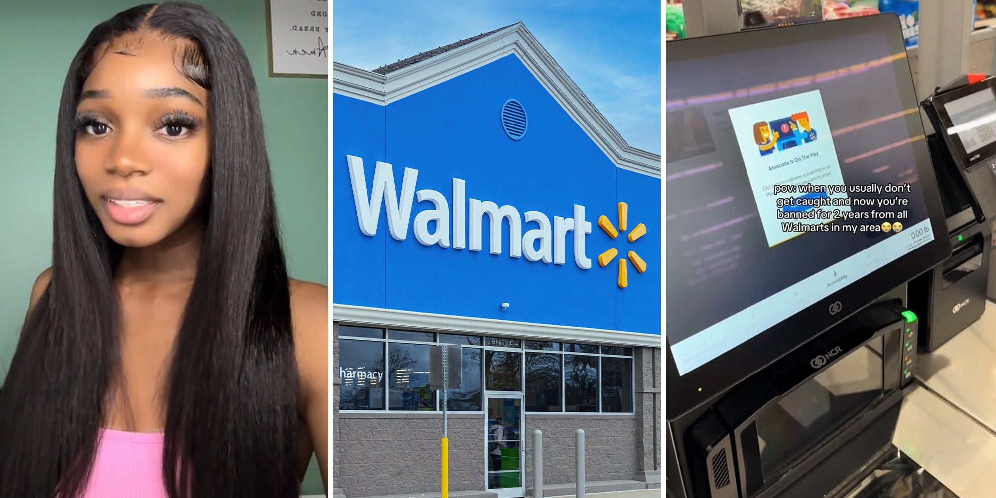 woman wearing pink blouse (l) Walmart Store Front(c) Walmart Self check out(r)