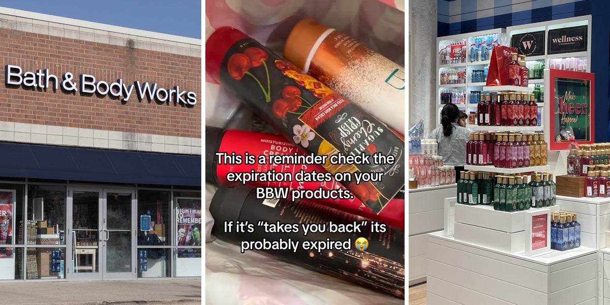 Bath and Body Works (l) lotions with caption 'This is a reminder check the expiration dates on your BBW products. If it's 'takes you back' its probably expired' (c) products on shelf (r)