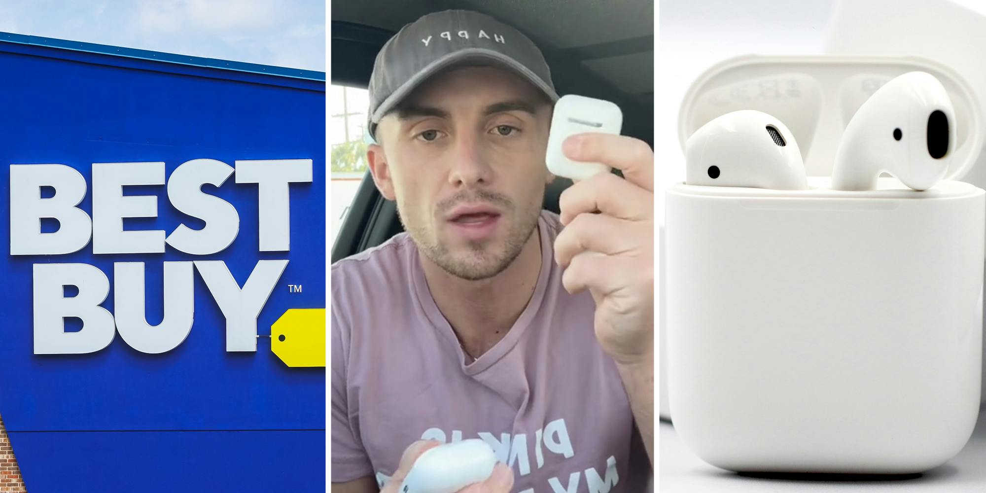 Best Buy sign(l), Man talking with airpods(c), Apple airpods in case(r)