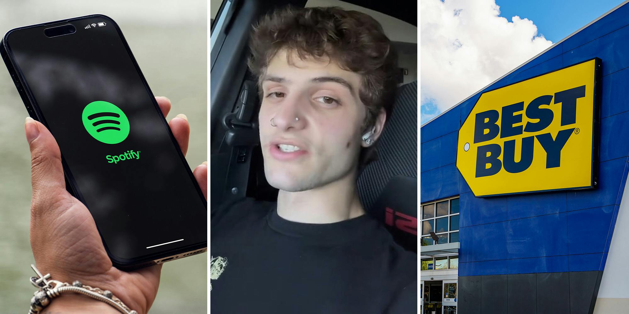 woman holding iphone with spotify logo showing(l) Best buy worker(l) BestBuy store front(r)