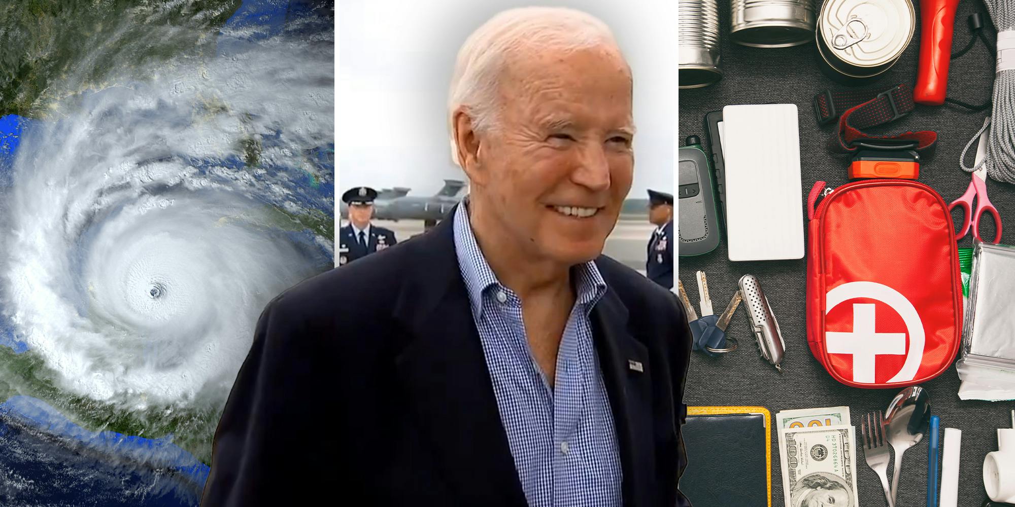 Hurricane(l) Joe biden Smiling(c) Medical assistance for hurricane (r)