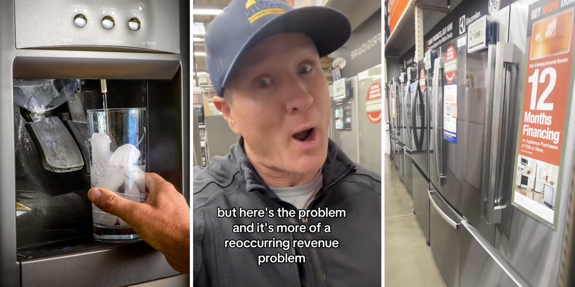 Hand filling glass with water from the refrigerator(l), Man talking with text that says 'but here's the problem and it's more of a reoccurring revenue problem'(C), Row of refrigerators(r)