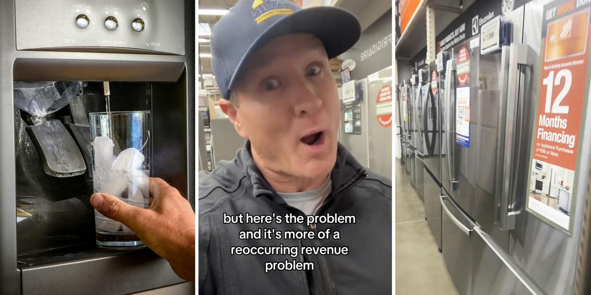 Hand filling glass with water from the refrigerator(l), Man talking with text that says "but here's the problem and it's more of a reoccurring revenue problem"(C), Row of refrigerators(r)