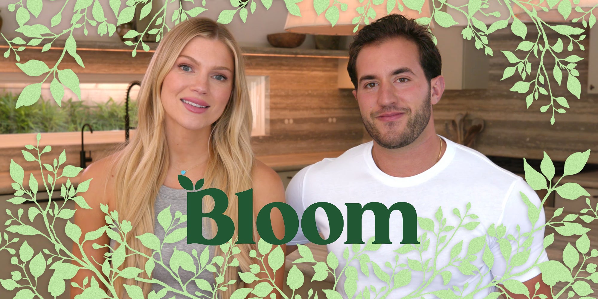 Woman and man sitting in kitchen with illustrated leaves and Bloom logo in foreground