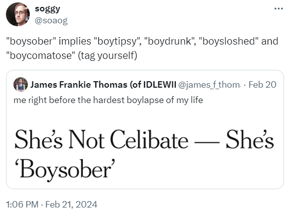 QRT of a headline screenshot that reads, 'She's not Celibate — She's 'Boysober.'' The QRT reads, 'ùboysober' implies 'boytipsy', 'boydrunk', ùboysloshed' and 'boycomatose' (tag yourself)'