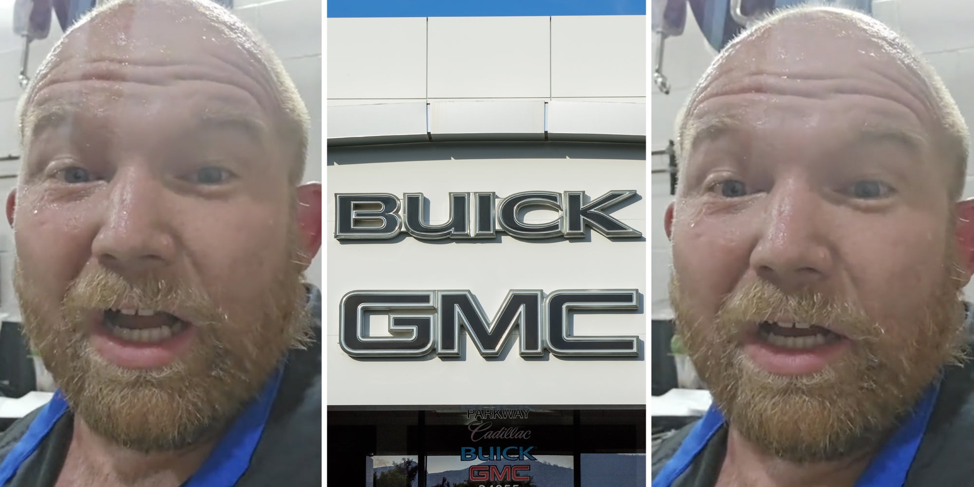 Man talking(l+r), Buick GMC sign(c)