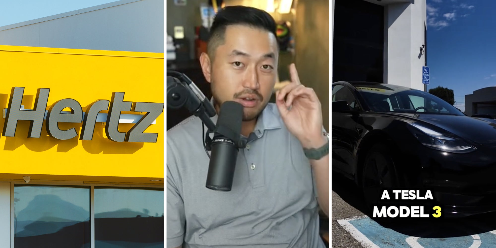 Hertz storefront(l), Man talking(c), Tesla Model 3(r)