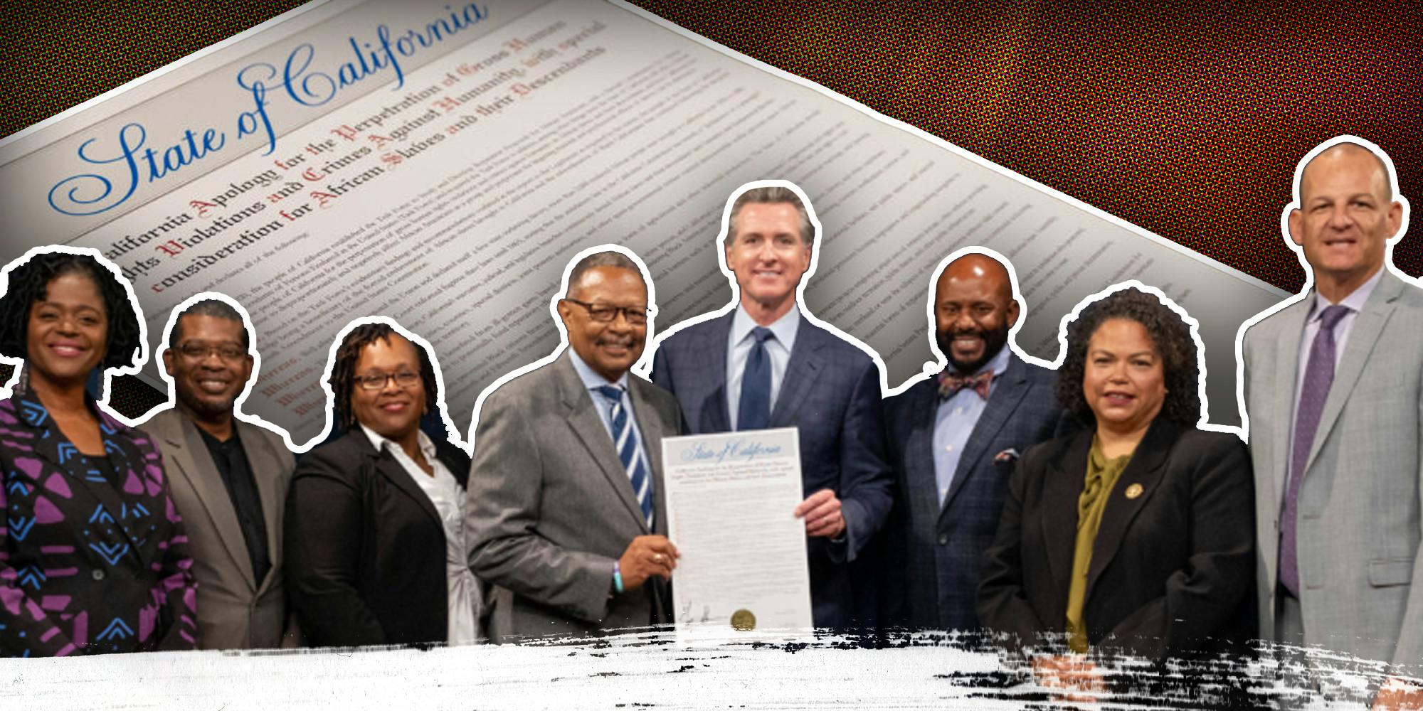 Governor Gavin Newsom with document joined by members of the California Legislative Black Caucus, and enlarged document in background