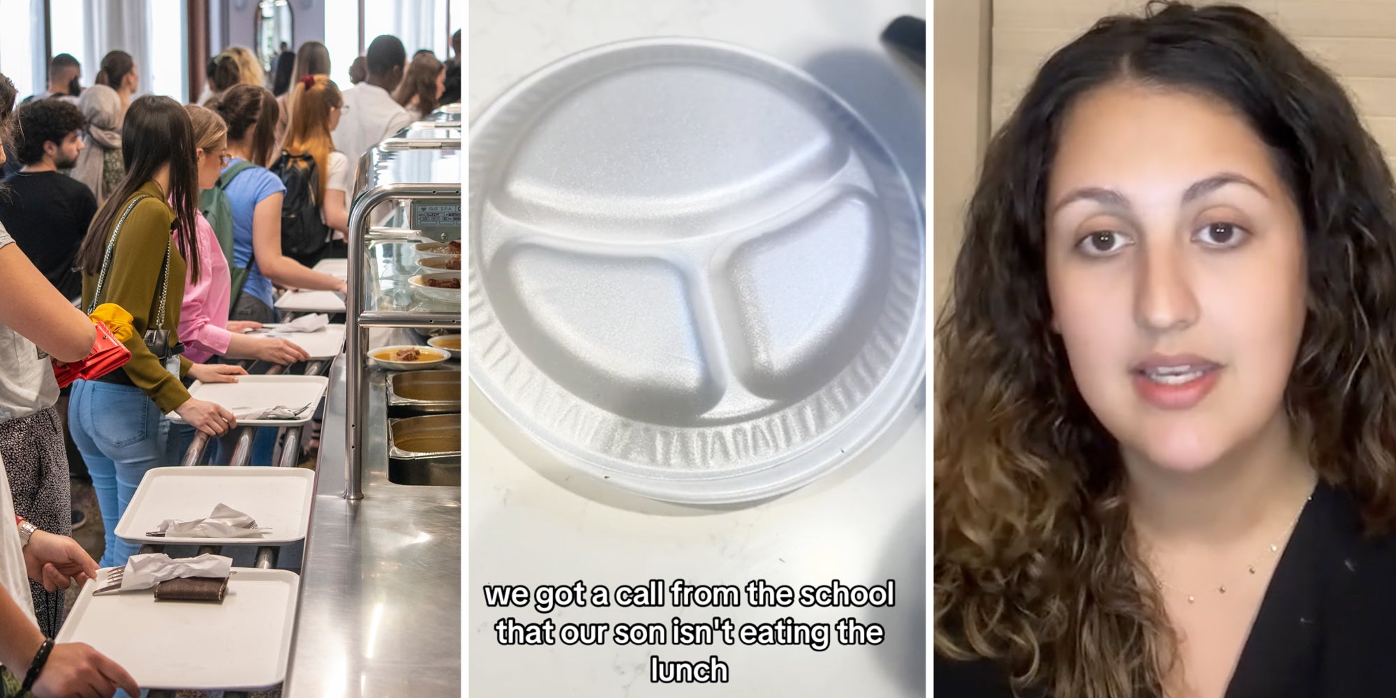 Students waiting on line with lunch trays(l), Plate with text that says 'we got a call from the school that our son isn't eating the lunch'(c), Woman talking(r)