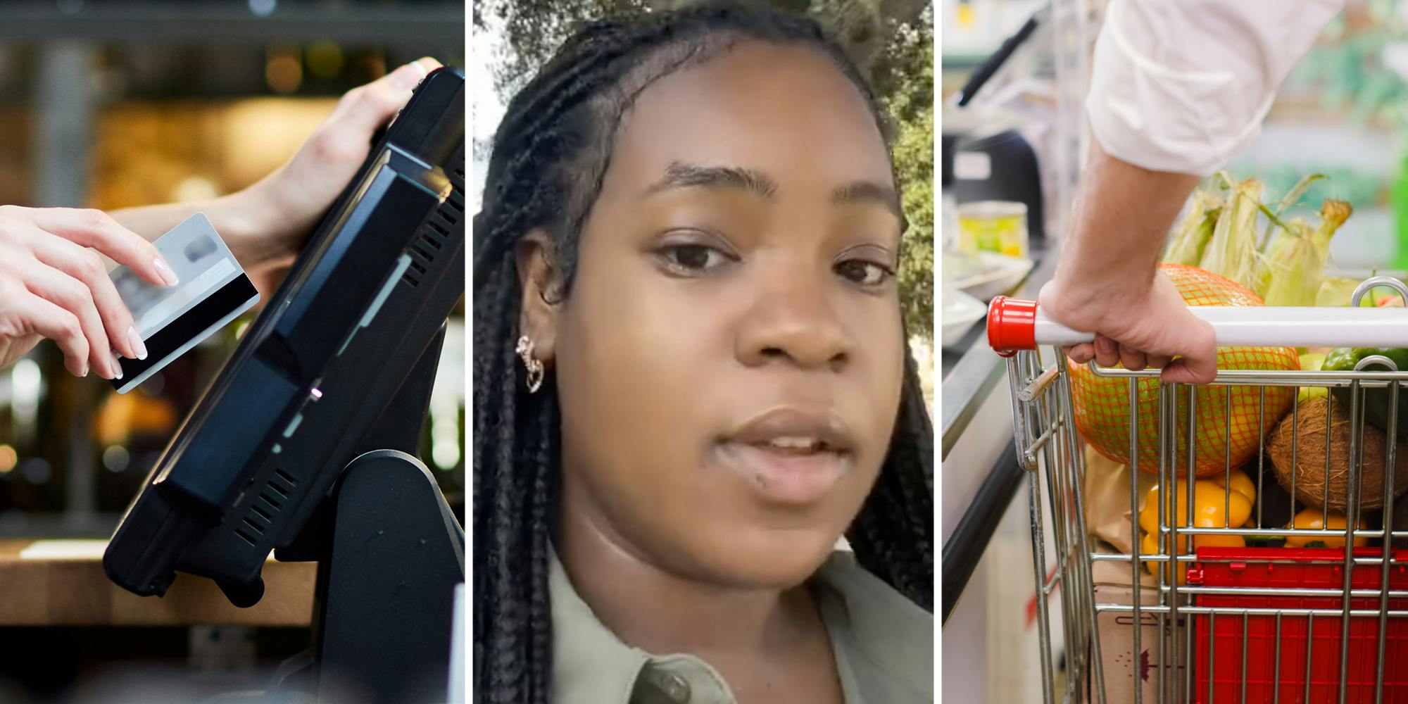 Cashier using credit card(l), Woman talking(c), Hand pushing full grocery cart(r)