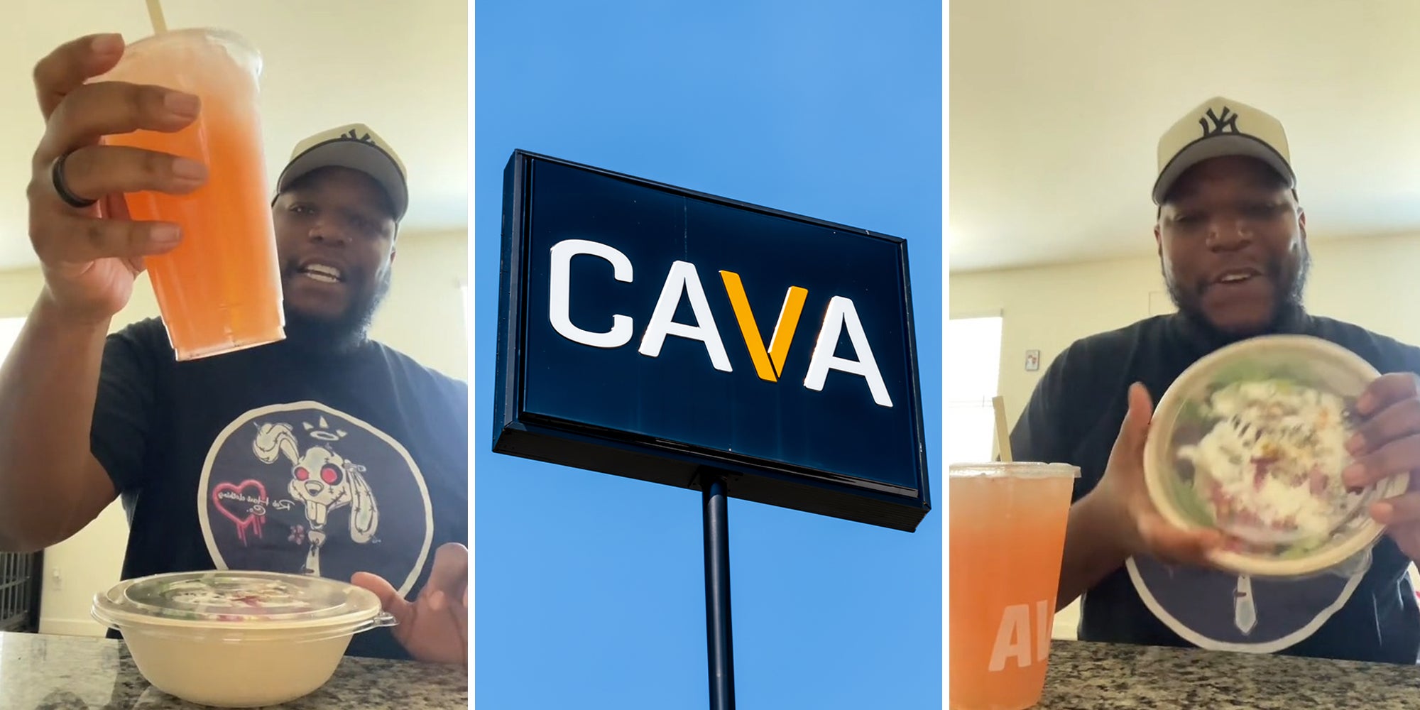 Man holding up orange drink(l) Cava Sign(c) Man Holding up salad bowl(r)
