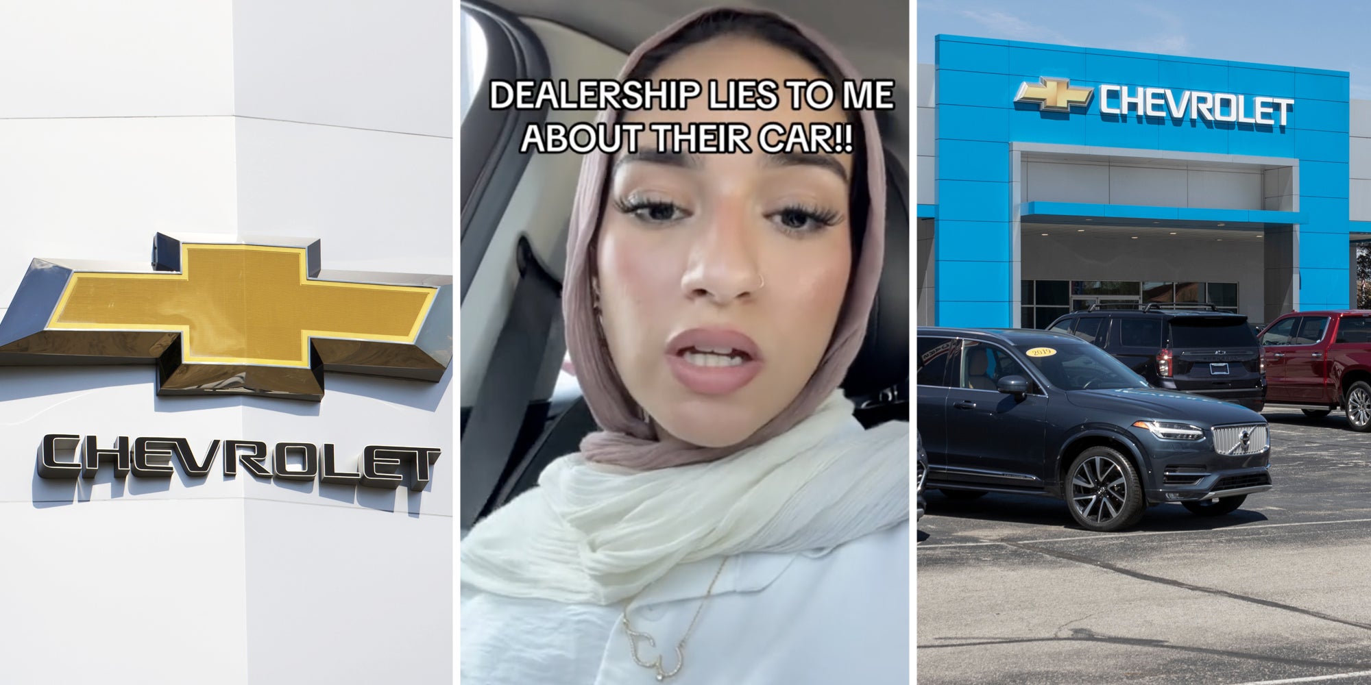 Chevrolet logo(l), Woman talking with text that says 'Dealership lies to me about their car!!'(c), Chevrolet dealership lot(r)