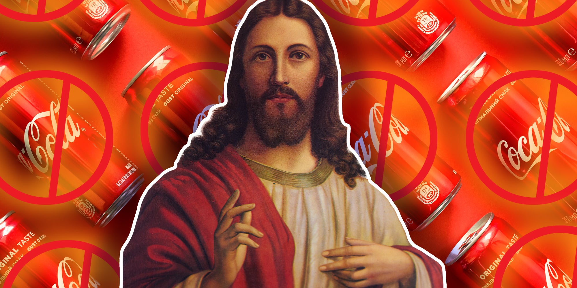Painting of Jesus over Coca-Cola cans with red circle slashes over them