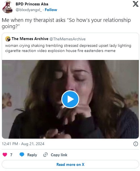 'Me when my therapist asks 'So how’s your relationship going?'' Woman Lighting a Cigarette and Exploding meme