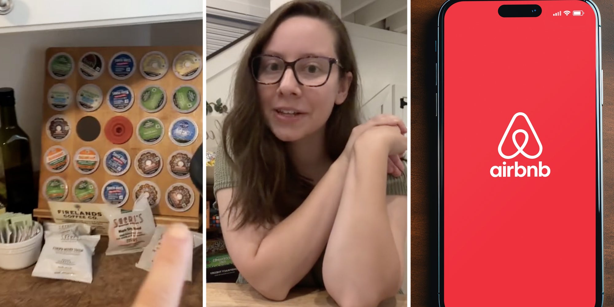 Counter with coffee and tea(l), Woman talking(c), Phone with airbnb app(r)