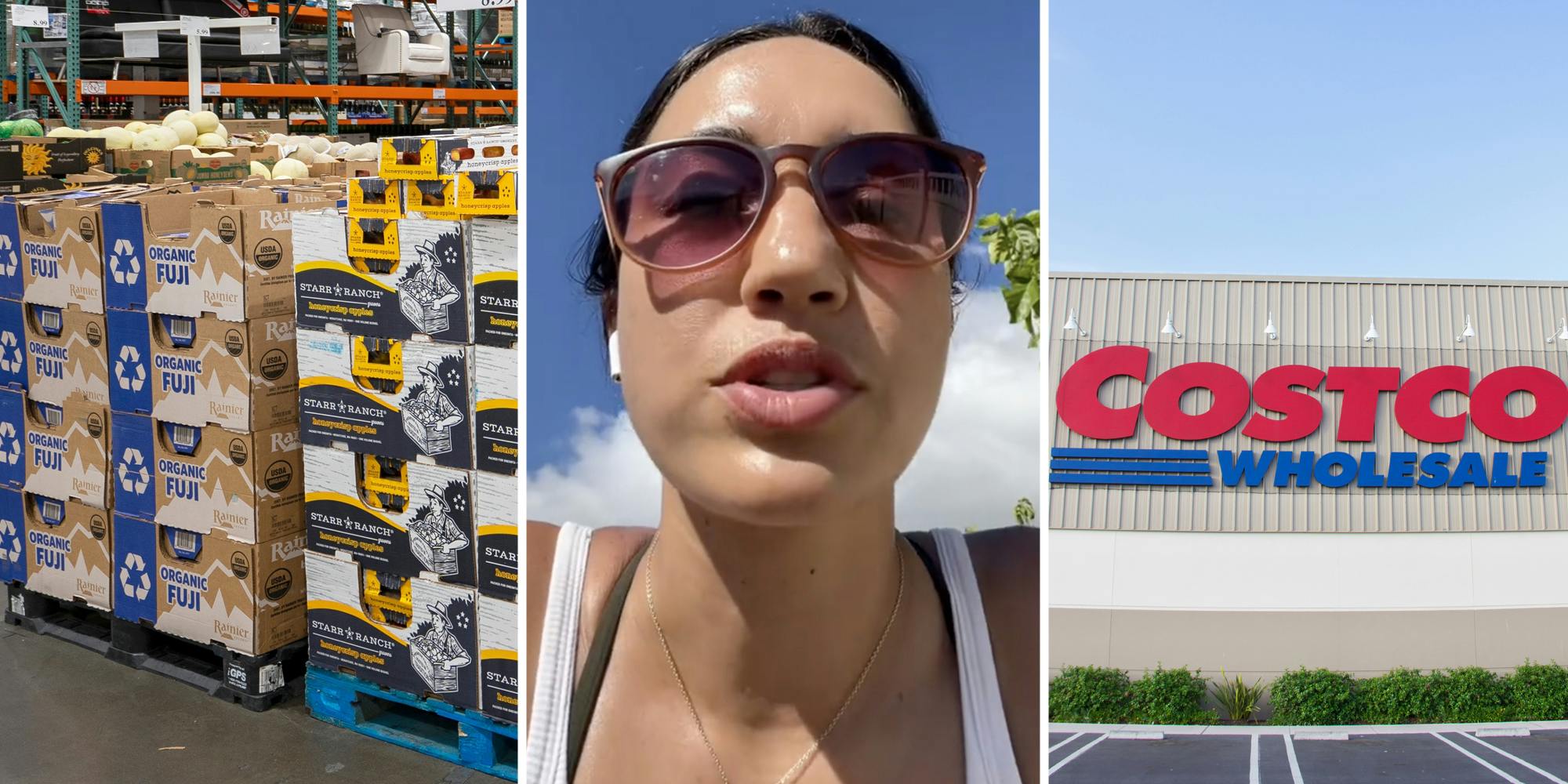 Costco Cardboard Boxes(l), Woman talking(c), Costco Wholesale store(r)