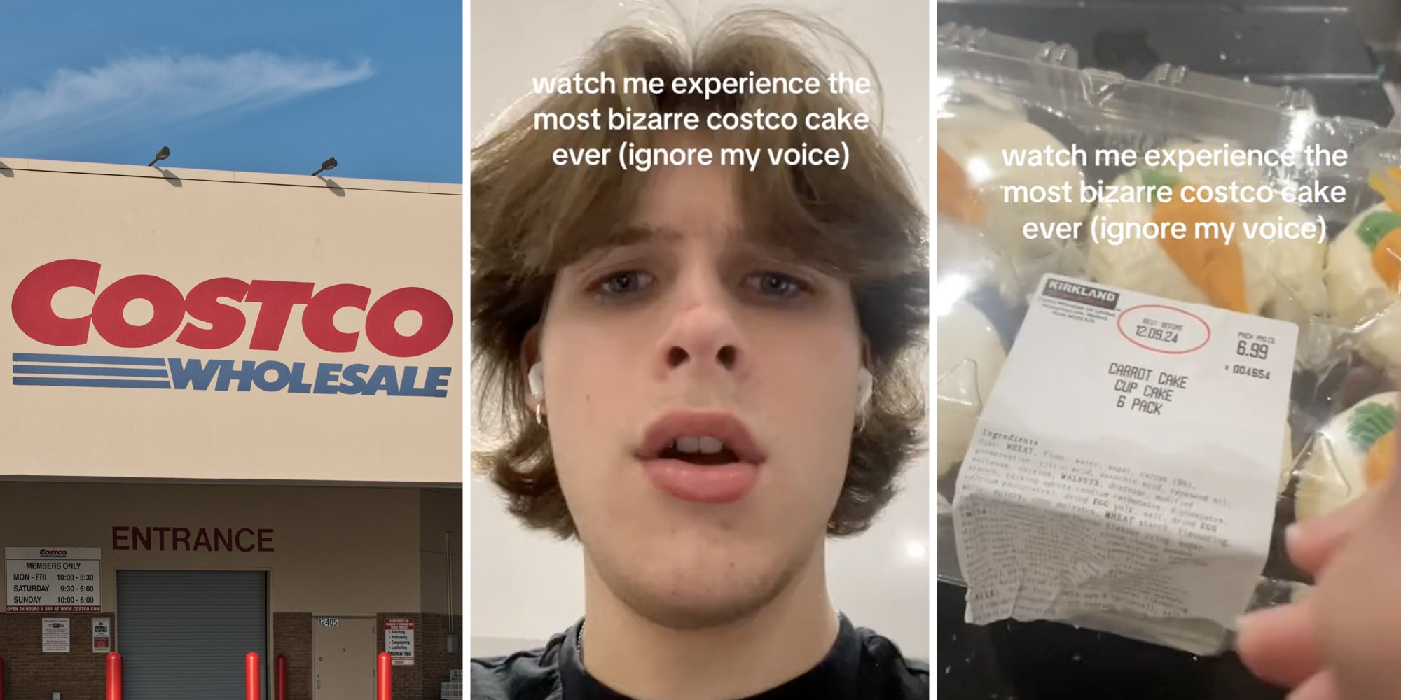 Costco(l), Man talking(c), Case of carrot cake cupcakes(r)