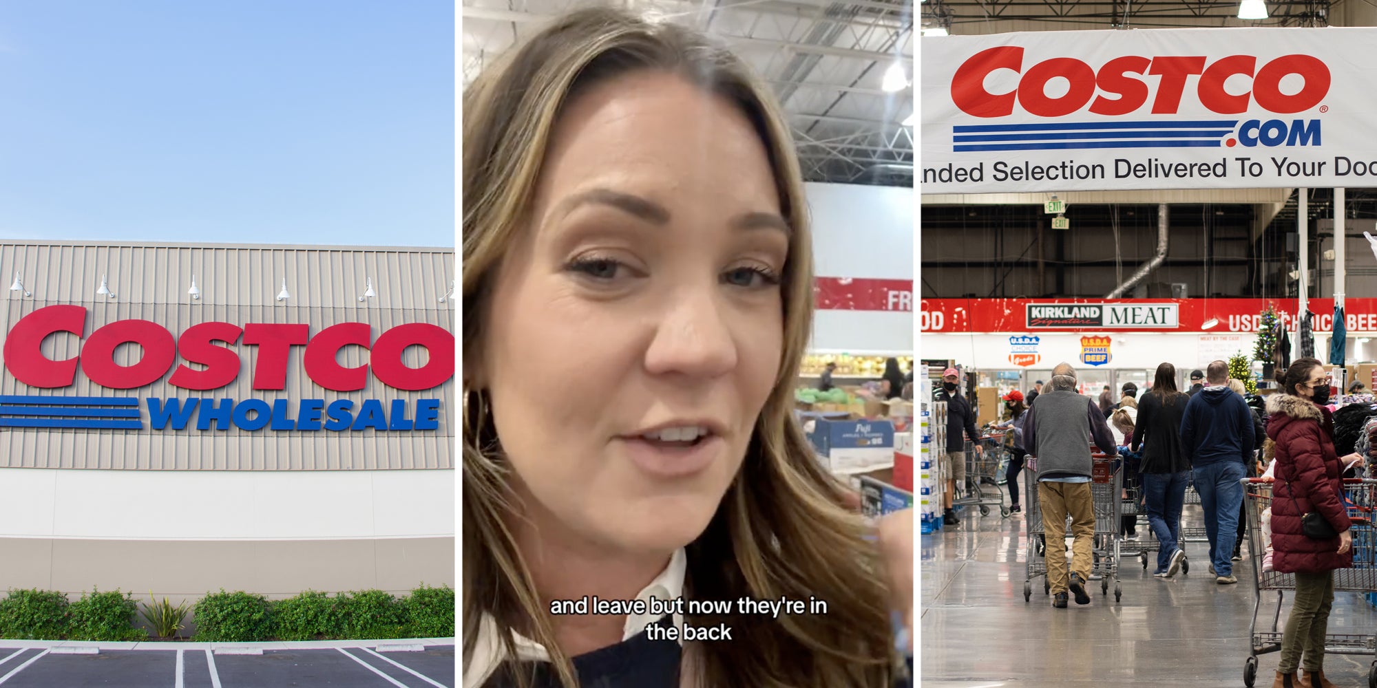 Costco storefront(l), Woman talking with text that says 'and leave but now they're in the back'(c), Costco interior with shoppers(r)