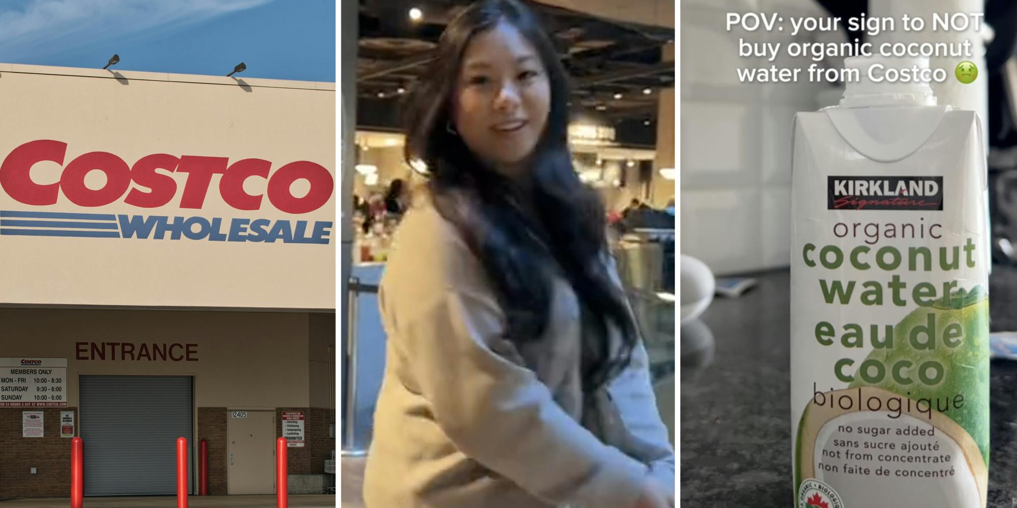 Costco storefront(l), Woman talking(c), Kirkland coconut water(R)