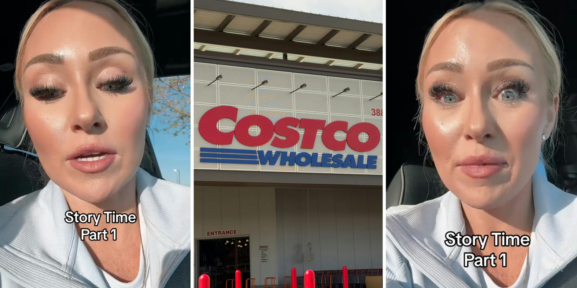 Woman talking(l+r), Costco Wholesale storefront(c)