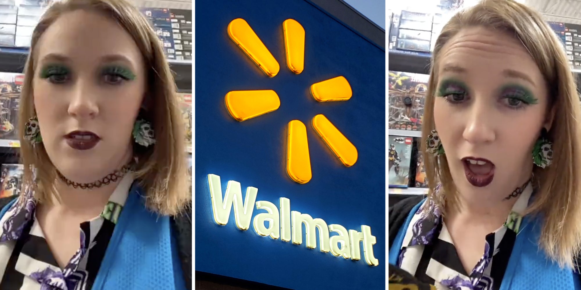 Woman talking(l+r), Walmart sign(c)