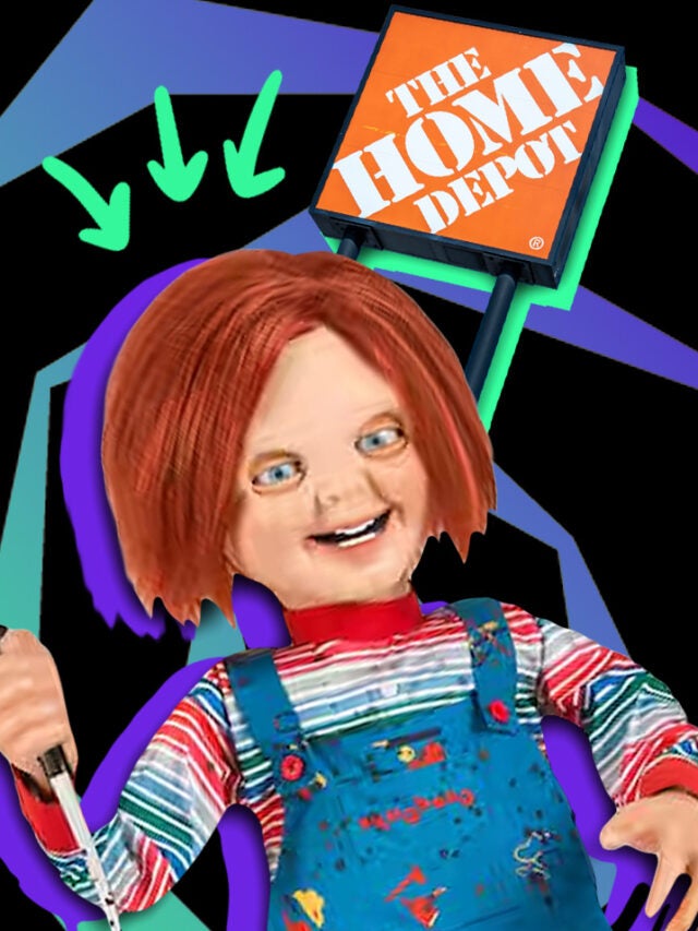 Chucky and Home Depot sign over green purple and black