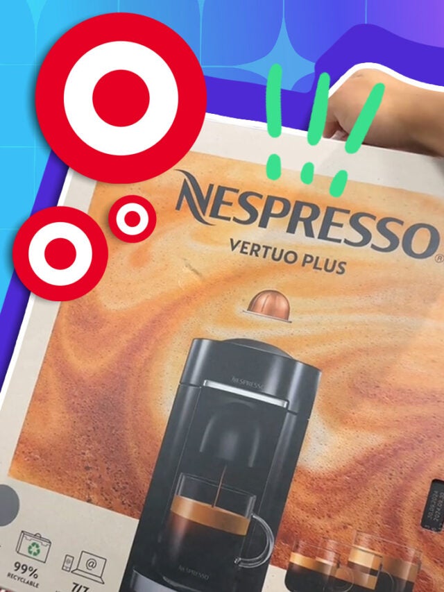 Nespresso machine with Target logos over blue and green