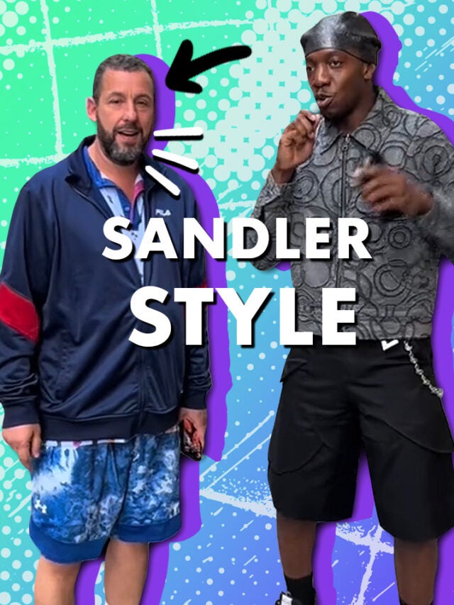 Adam Sandler with interviewer over purple and green