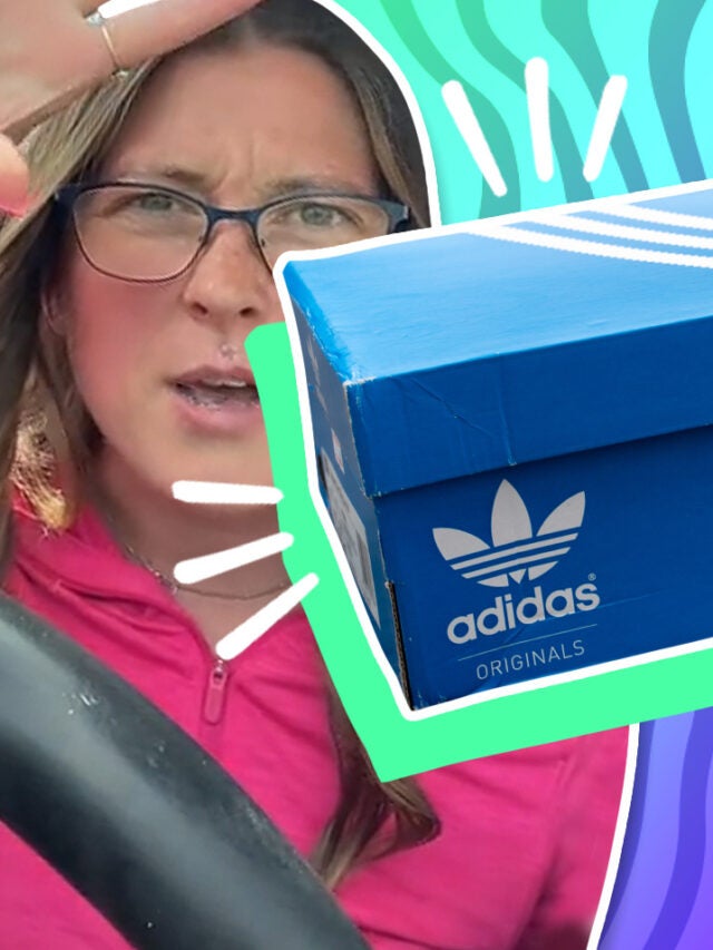 woman with Adidas box over green and purple