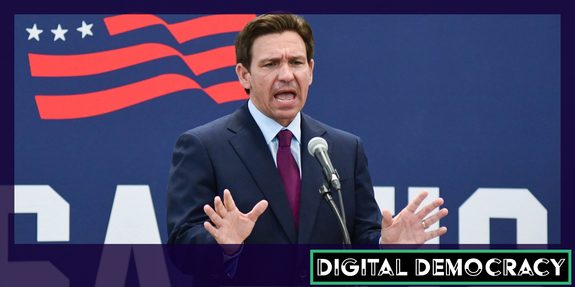 Ron DeSantis. There is a logo in the bottom right corner that says 'Digital Democacy,' a web_crawlr column.