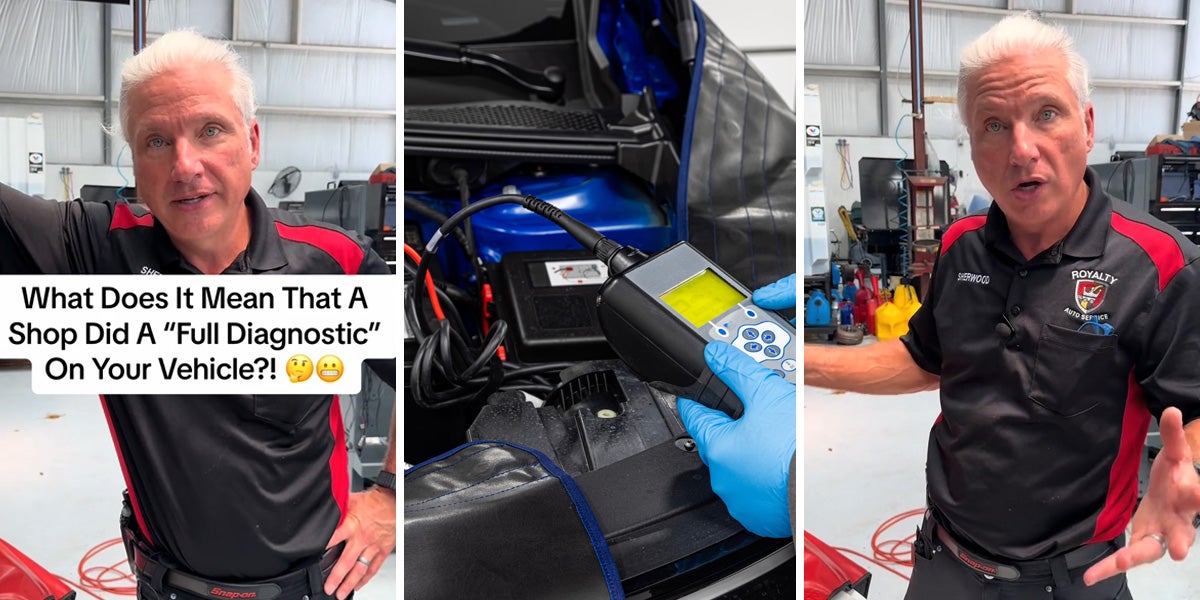 mechanic with caption 'What Does It Mean That A Shop Did A 'Full Diagnostic' ON your VEHICLE?!' (l mechanic holding tool (c) mechanic speaking (r)