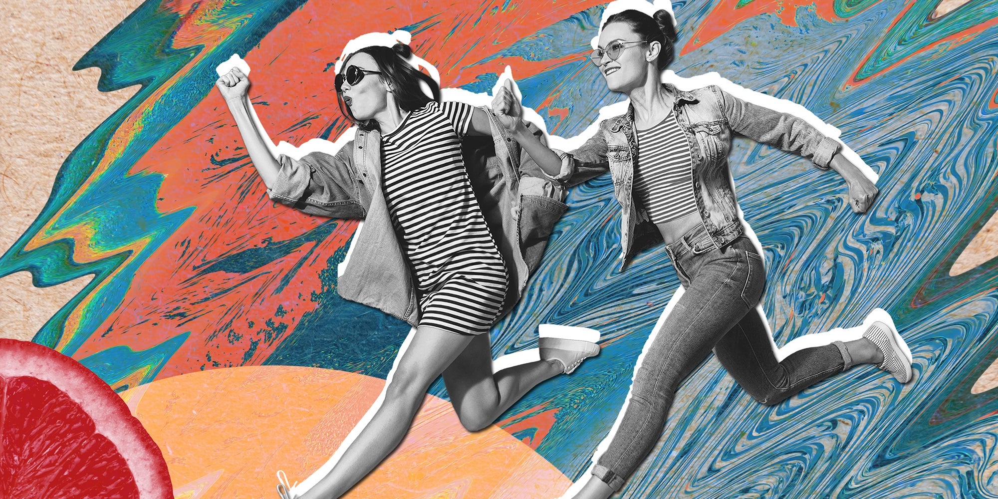 Friends running over abstract background