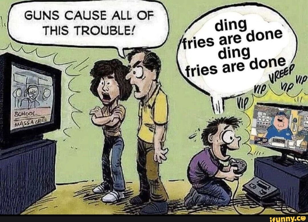 cartoon where parents blame guns while son watches ding fries are done video