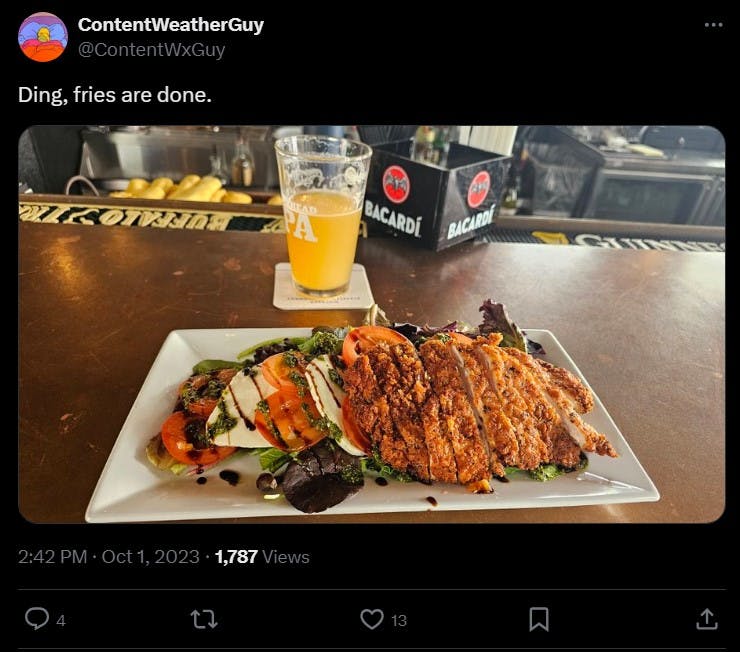 plate of food with tweet reading 'ding fries are done'