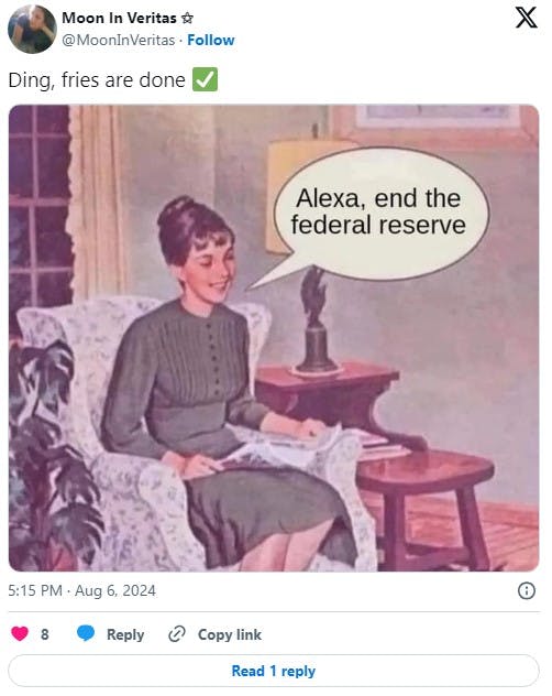 'Ding, fries are done ✅' tweet with vintage cartoon that says 'alexa end the federal reserve'