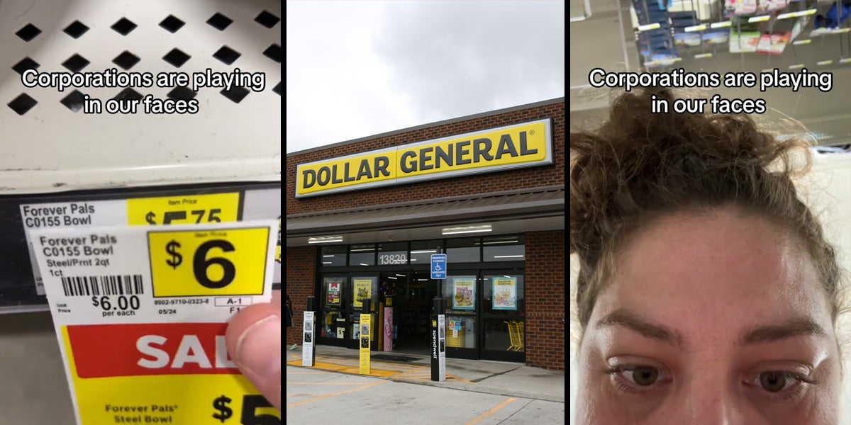 price tags with caption 'Corporations are playing our faces' (l) Dollar General (c) woman with caption 'Corporations are playing our faces' (r)