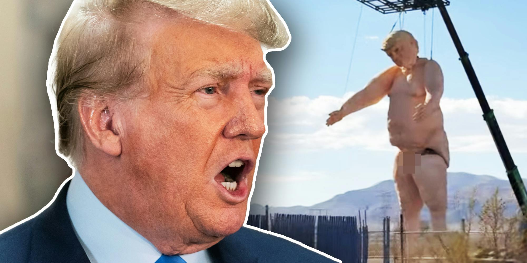 Donald Trump yelling at screenshot of giant naked marionette version of himself with censored private area