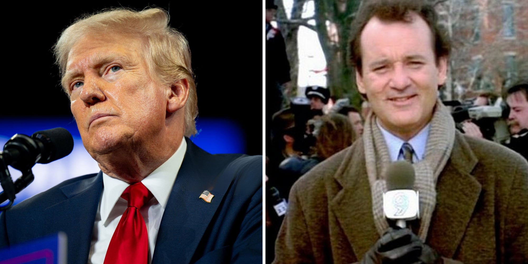Donald Trump at mic(l), Bill Murray as reporter in Groundhog's day film(r)