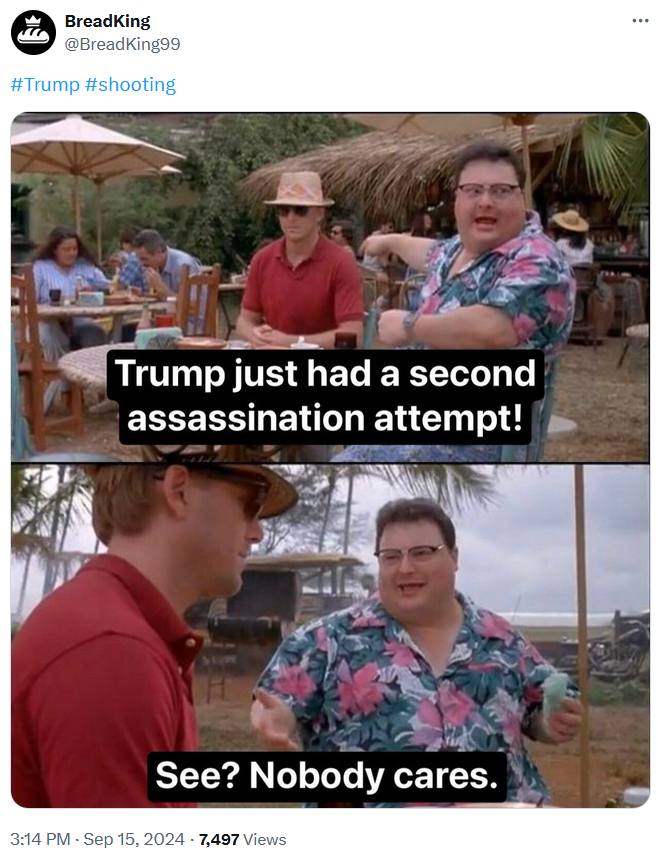 Donald Trump shooting meme with the Jurassic Park 'nobody cares' meme.