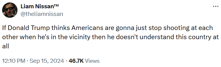 Tweet reading 'If Donald Trump thinks Americans are gonna just stop shooting at each other when he's in the vicinity then he doesn't understand this country at all.'