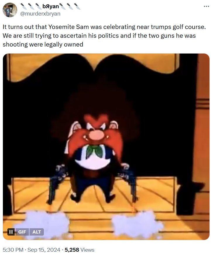 Donald Trump shooting meme with a gif of Yosemite Sam.