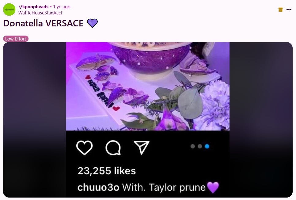 Donatella Versace purple heart meme showing a comment with a name and purple heart emoji.