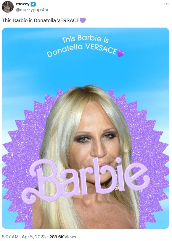 Donatella Versace purple heart meme on a Barbie movie poster.